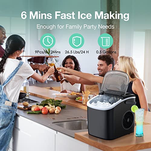 Countertop Ice Maker, Ice Maker Machine 6 Mins 9 Bullet Ice, 26.5lbs/24Hrs, Portable Ice Maker Machine with Self-Cleaning, Ice Bags, Ice Scoop, and Basket, Ice Maker for Home/Kitchen/Office/Party