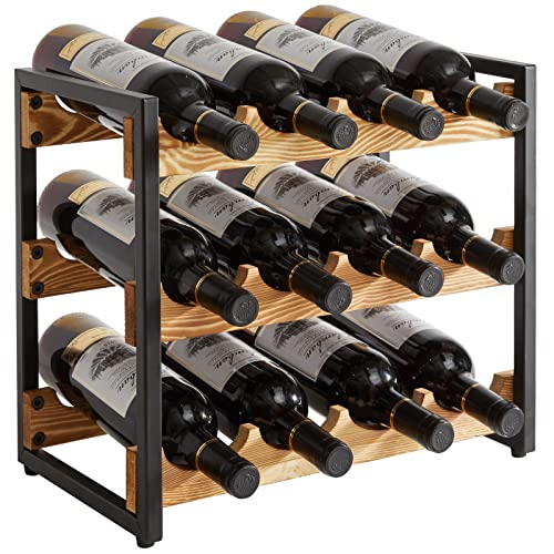 IBUYKE TMJ904H Wooden Wine Rack with 3 Levels, Wine Rack 12 Bottles | Stackable Wine Rack Countertop Storage Organizer Wine Racks for Kitchen Bar Cellar