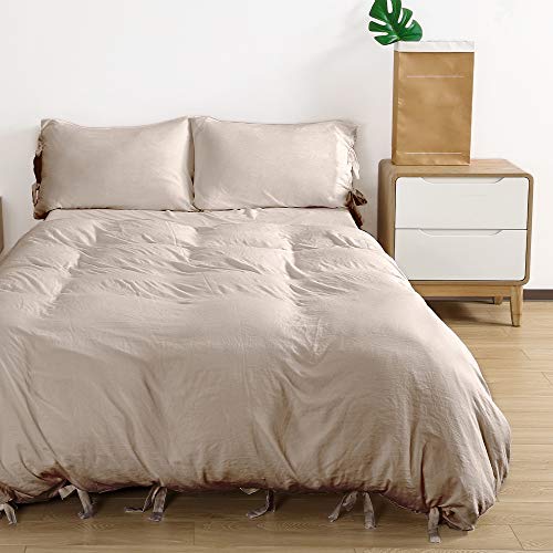 Duvet Cover Queen, 100% Washed Cotton, Linen Like Soft Breathable Durable Bedding Duvet Cover Set, 3-Pieces, Ultra Soft and Easy Care, Simple Style Home Bedding Set 2019 New（3-Piece, Queen, Khaki） - Thumbnail 7