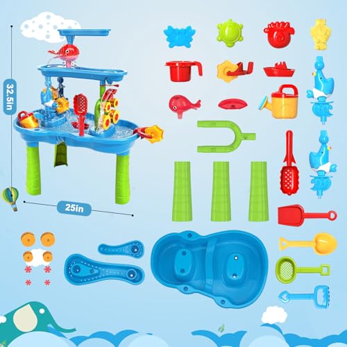Water Table for Toddlers 3-5 | 3-Tier Kids Water Table Toys, Rain Showers Splash Pond for Outdoor Beach Backyard Summer, Outdoors Play Sensory Play Table Pond for Boys Girls 3-5 4-8