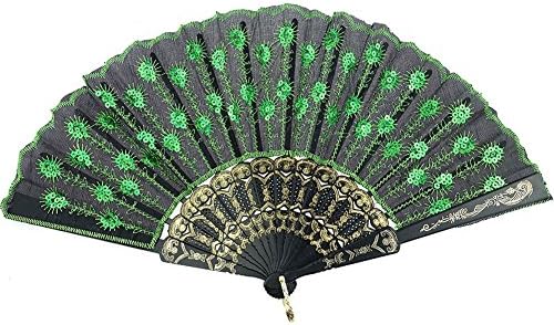 Generic Green Sequins Beautiful Lady's Silk Hand Fan with