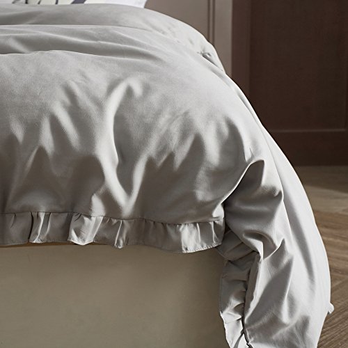 Queen Duvet Cover Set Lightweight Soft Solid Color 3PC Bedding Set with Exquisite Flouncing by Hyprest Light grey