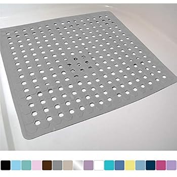 Gorilla Grip Original Patented Bath, Shower, and Tub Mat, 21x21, Machine Washable, Antibacterial, BPA, Latex, Phthalate Free, Square Bathroom Mats with Drain Holes, Suction Cups, Gray Opaque