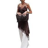 Women Lace Trim Satin High Low Tops Silk Spaghetti Strap Asymmetrical Side Split Cami Top Flowy Silky Layering Tops