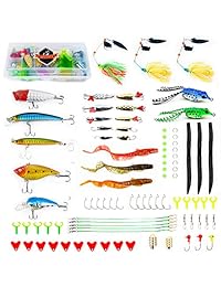 Juego de señuelos de pesca APUSALE para cebo, trucha, salmón, incluyendo cuchara de luz, gusanos de plástico suave, crankbait, jigs, señuelos de agua superior y más aparejos de pesca (con caja de regalo)