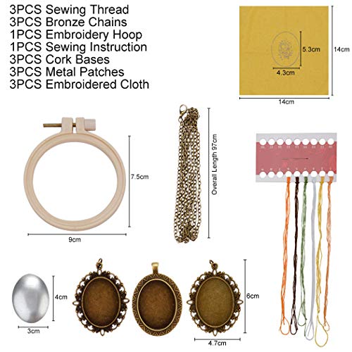 Beginner Embroidery Kit, Outgeek 3PCS Embroidery Starter Kit Set Embroidered Stitching Pendants Hand Sewing Necklace Earrings Pendants Floral Plate Jewelry Necklace for Art Crafts Sewing and Hanging