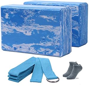 ADRIMER Yoga Block (Set of 2) and Yoga Strap Set, High Density Lightweight EVA Foam Blocks for Yoga, Pilates, Meditation – Provides Stability and Balance