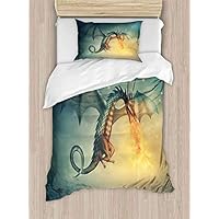 shirlyhome Comfortable Polyester Sheets Set of 2 Dragon in The Sky with Magical Flame Fairytale Creature Surreal Design Teal Yellow Bedding Set - Twin