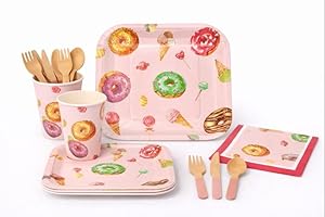 Benu Donut & Ice Cream Party Supplies for 16 Guests – 80 Pcs Premium Disposable Tableware Set with Plates, Cups, Napkins & Wo
