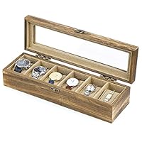 SRIWATANA Watch Box Case Organizer Display for Men Women, 6 Slot Wood Box with Glass Top, Vintage Style