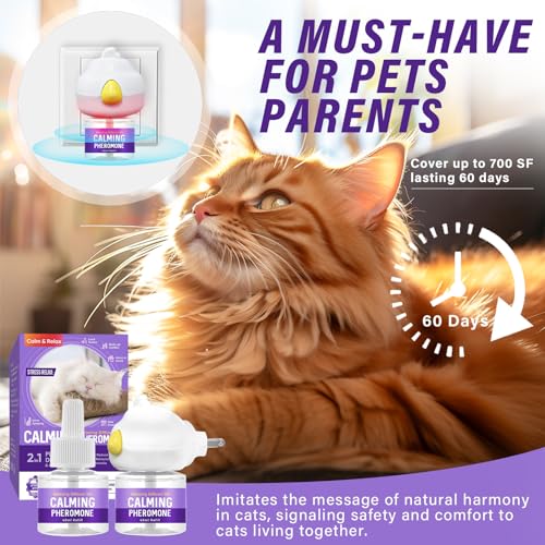 Feromoni per Gatti, Diffusore di Ferormoni per Gatto per Ridurre Graffi e Marcature, Soluzione Relax per Gatti per 60 Giorni, 2 Ricariche 48 ml, Adatto per Più Gatti