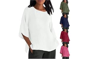 Hesxuno Linen Shirts for Women 3/4 Sleeve Crew Neck Casual Blouse 2024 Oversized Loose Shirt Plus Size Summer Vacation Tees