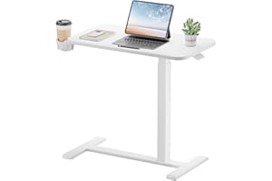 COMHOMA Adjustable Overbed Bedside Table with Wheels, Pneumatic Mobile Rolling Laptop Desk, Height Adjustable Standing Desk Bed Table for Hospital and Home Use (28" W x 16" D, White)