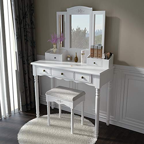 Vanity Stool Set, Make Up Table with 5 Drawers, Tri-Folding 3 Mirrors, Cushioned Stool Easy Assemble White - Thumbnail 5