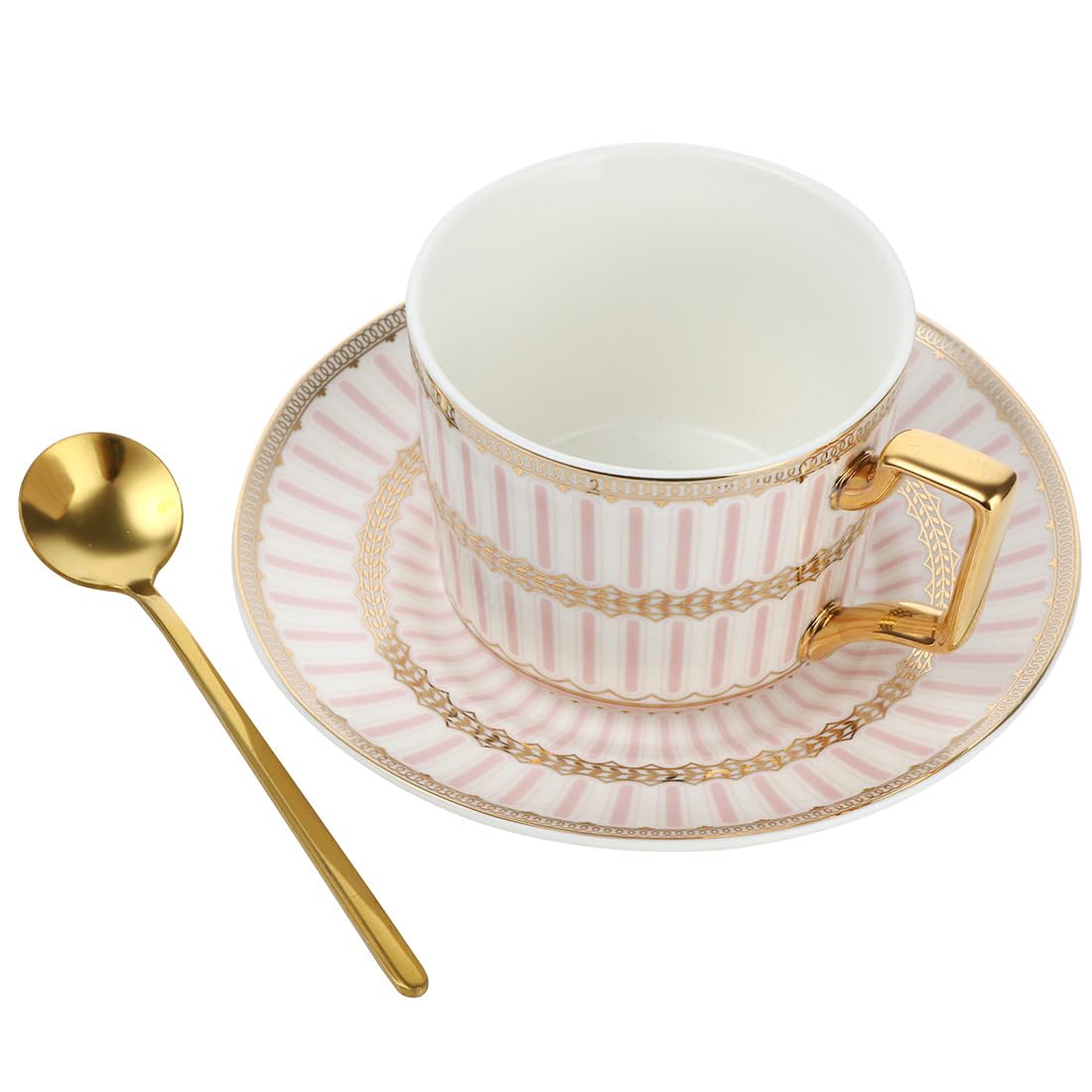 European Style Cup Tea Cup and Saucer Set,8.5oz/250ml Bone China Coffee Tea Cups with Saucer and Golden Spoon (Light Pink)