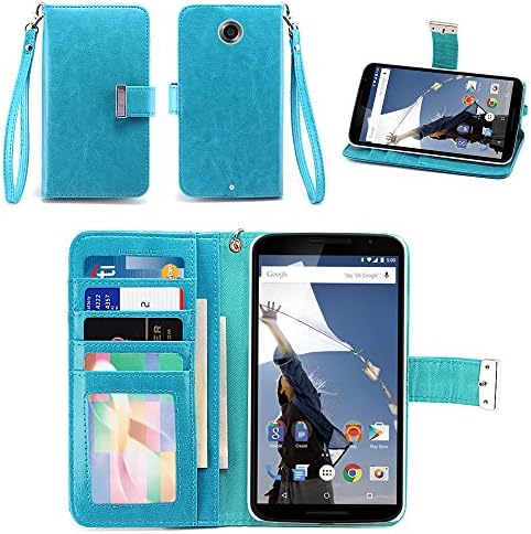 IZENGATE Google Nexus 6 Wallet Case - Executive Premium PU Leather Flip Cover Folio with Stand (Turquoise Blue)