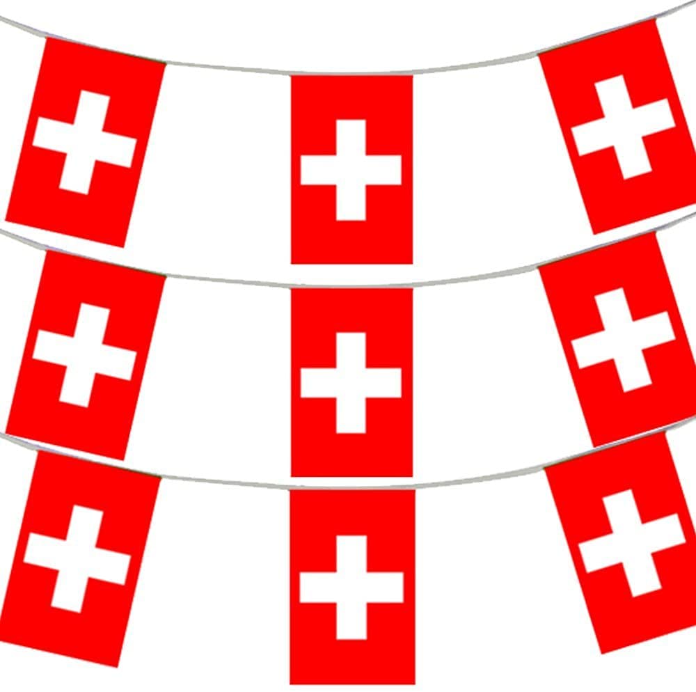 Switzerland Flag Bunting - 10m 33ft - 20 Flag - Plastic all Weather Swiss Bunting Decoration for Indoor Outdoor Sporting Events, Street Parties, Festivals and Celebrations