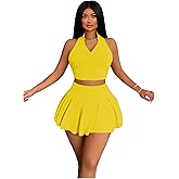 RoseSeek Women's 2 Piece Tennis Skirt Set Sleeveless Racerback Crop Tank Tops High Waisted Pleated Mini Skirt Outfits