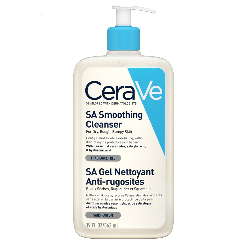 CeraVe SA Smoothing Cleanser With Salicylic Acid, Hyaluronic Acid, & 3 Essential Ceramides, Gentle Exfoliating Gel-to-Foam for Dry Rough Bumpy Skin, For Face & Body, Dermatologist Developed, 562ml