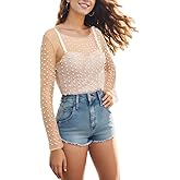 WILLSIN Women Pearl Rhinestone Sheer Mesh Crop Top Sexy See Through Long Sleeve Slim Fit Cropped Blouse Shirt Glitter Tops