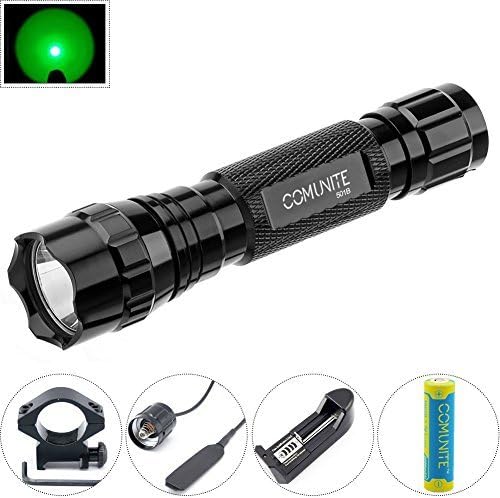 Comunite Portable Green Light 501B XM-L T6 Tactical Led Flashlight 250 Yard Long Range Hunting Light Torch with Remote Pressure Switch Barrel Mount 18650 Rechargeable battery and Charger by Comunite