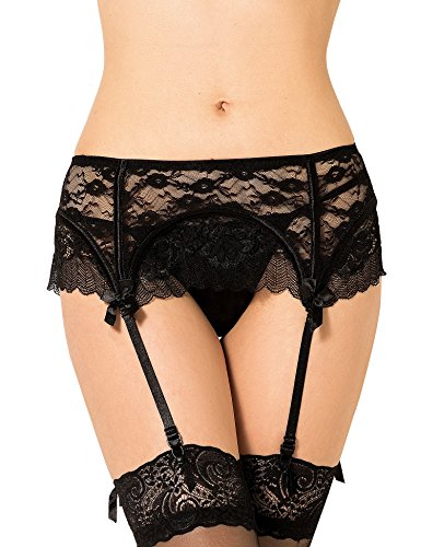 ohyeahlady Women Lace and Mesh Patchwork Garter Belt with G-String Set Plus Size Suspender Belt Set (Medium=US 4-6, Black Lace)
