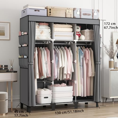 Dongliangqinying Armoire en tissu portable 130x45x170cm | Penderie pliable, 3 zones suspension, 18 poches latérales, range vêtements, sacs, chaussettes pour chambre, dortoir