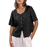 Amazhiyu Womens 100% Linen Short Sleeve Blouse Square Neck Button Down Crop Tops Black, Medium