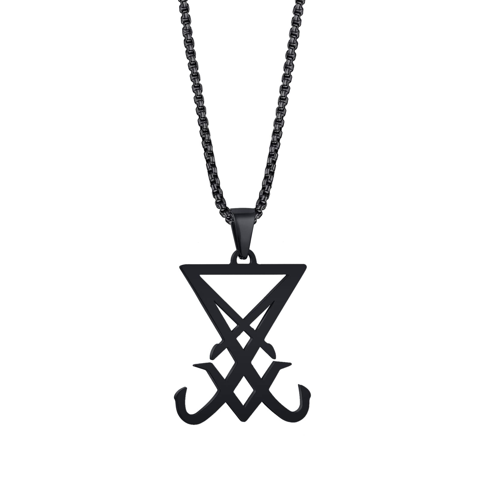 PJ JEWELLERY Sigil Of Lucifer Necklace : Satan Satanic Symbol Pendant Necklace Goth Gothic Witch Seal of Lucifer Alchemy Symbolic Gift For Men Gift for Halloween Christmas 24" Role Chain,Colour Black
