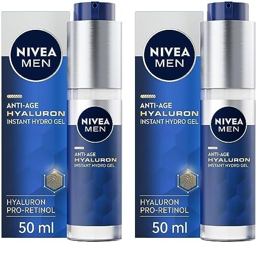 NIVEA MEN Anti-Age Hyaluron Face Moisturising Gel (50ml), Men's Moisturiser with Hyaluronic Acid and Pro-Retinol, Visibly Reduces Deep Wrinkles, Hydrates, and Firms Skin (Pack of 2)
