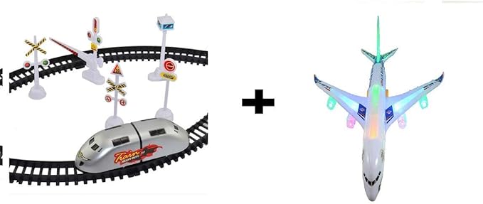 K&F High Speed Battery Operated Train Set for Kids with Air Bus A380 Aeroplane Battery Operated with Beautiful Lights and Sound, Airplane Toy for Kids