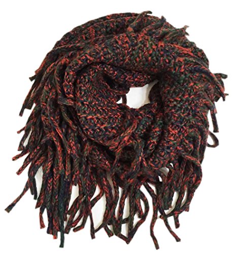 Aesthetinc Classic Ribbed Infinity Knit Scarf with Fringe Tassels (Burgundy/Olive)