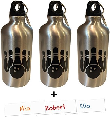 Bowling Themed Water Bottle - 3 Pack - 17oz BPA-Free Aluminum - Perfect Party Favor. BONUS: Includes 3 Clear "Peel-N-Stick" Labels to Customize as Gifts!