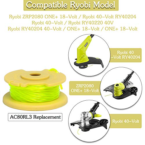 FutureWay String Trimmer Replacement Spool Line 0.08â€ 18-Volt 24V 40V Compatible with Ryobi One Plus+ AC80RL3, Eater String Autofeed 522994001 Cap, Cordless Trimmer Line 11ft, 8 Spools + 2 Cap