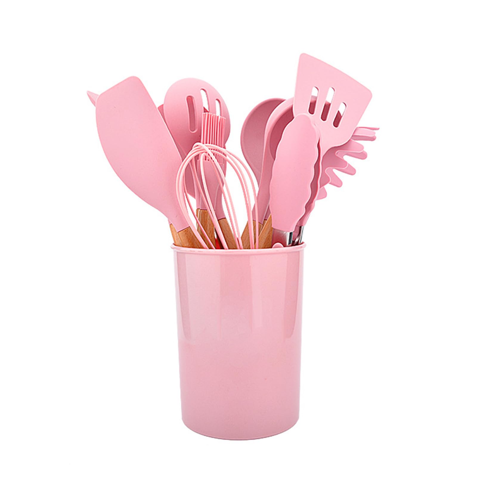 Wooden Handle Silicone Kitchen Utensils Set 12PCS Baking Tools Non-Stick Pan with Storage Bin Kitchen Utensils Set Pink