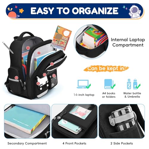 Amythe CE2 CM1 CM2 Boys' Primary School Bag, Multi-Compartment Primary School Bag with Reflective Strips for Boys 8-12 Years, Black, Classic | Children's Backpack CE2 CM1 CM2, Multi-Compartment Lightweight School Bag for Boys 8-12 Years, Back to School