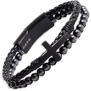 Hero Company FIDES Leather & Magnetic Titanium Bead Cross Bracelet for Men | Religious Bracelet, Men’s Jewelry & Accessories,
