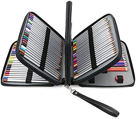 Prime Amazon Day Deals-160 Colored Pencils Pencil Case-PU Leather Handy Large Multi-Layer Zipper with Handle Strap,Marco Pens Slot Pencil Holder-Large Capacity Pen Organizer for Women (Black)