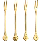Dessert Forks Set of 4, Gold Floral Embossed Handle Mini Cocktail Forks | Stainless Steel, Mirror Polish, for Cakes, Fruits, Appetizers, Charcuterie, Tea Parties, Elegant Design, Dishwasher Safe