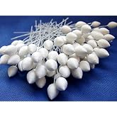 ICRAFY 50 White Lotus Cotton Stamen Pollen Flower Wire Stem Craft Artificial Scrapbook Floral Round Wire Stem Card, Size Diameter 10 mm.