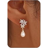 Plenky Pearl Earrings-14K Gold Plated Dainty Pearl Drop Simple Wedding CZ Dangle Dangling Cute Stud Earrings for Brides Earrings for Women Gifts