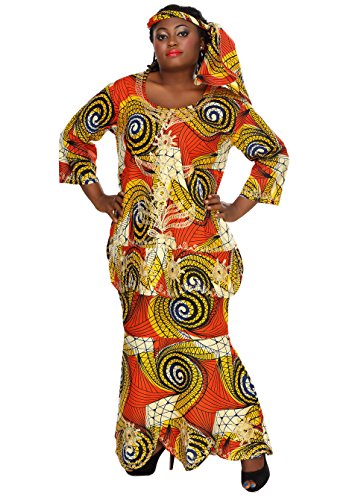 African Planet Women's Ekiwaba Orange Three Piece A-Line Skirt Set Embroidery