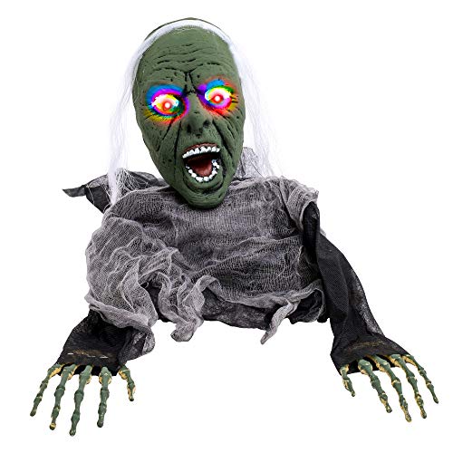 Halloween Haunters Scary Zombie Green Wicked Witch Groundbreaker Prop Decoration with Multi-Color Flashing LED Skull Lights - Spooky Screaming Face - Haunted House Graveyard, Cemetery Tombstone, Party