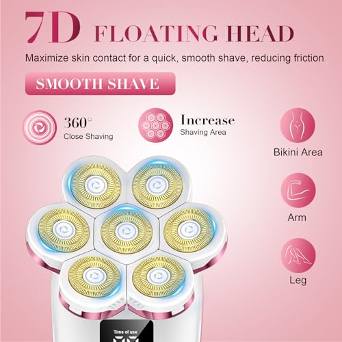 3-in-1 Electric Razors for Women, 7D Hypoallergenic Blades, Painless Shaver | With Facial Brush & Trimmer, IPX7 Waterproof Wet & Dry, USB-C Fast Charge, LED Display, For Face, Legs, Arms and Bikini Area