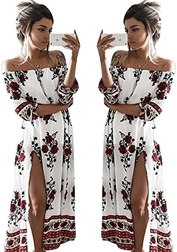 Women Long Sleeve Off Shoulder Bohemia Floral Print Split Beach Maxi Dress L