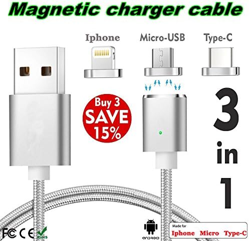Magnetic Charging Cable, 3in1 USB C Cable,Lighting Charging Cable Nylon Braided Fast Speed for Iphone Android Type-C,for iPhone 8 X /7 7 plus/ 6 6s Plus/iPad Samsung Galaxy S6 S7 S8 plus Lg V20 Gen2,I