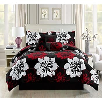 Amazon.com: Modern 7 Piece Floral Bedding BLACK, BURGUNDY