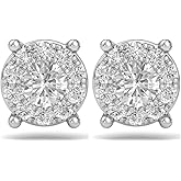 White Gold Plated 925 Sterling Silver Screw Back Post Large Unisex Round Hip hop CZ Flower Cluster Big Circle Shape Trendy Ice Out Cubic Zirconia Hypoallergenic Stud Earrings For Men Women Jewelry Gifts