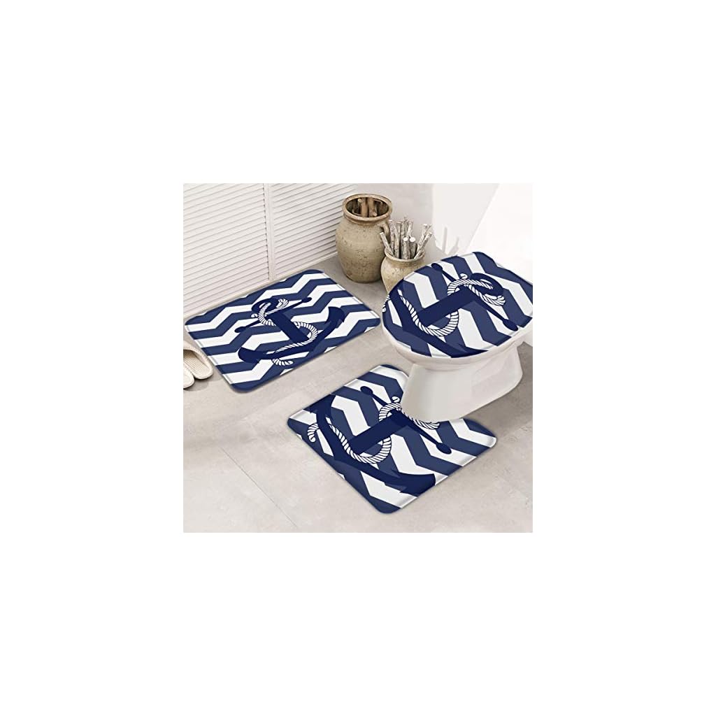 3Piece Bath Rug and Mat Sets, Chevron Ripple Zig Zag Navy Blue and White Nautical Anchor Non