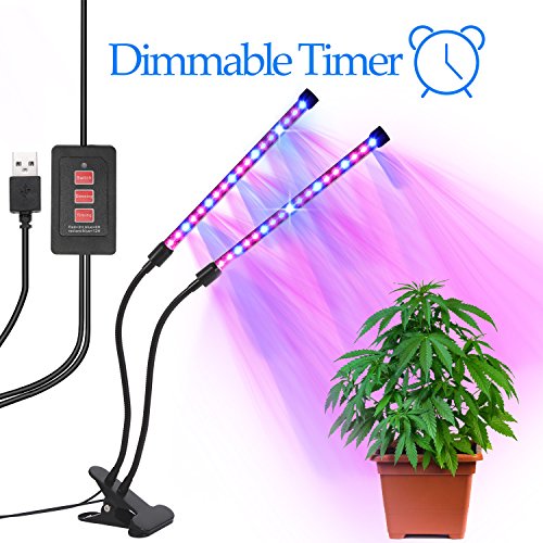 LED Grow Light with Timer, Grow Lights for Indoor Plants, Dual Heads 2 Dimmable Grow Lamp Bulbs & Goose-neck Adjustable Grow Light with Timing Function for Greenhouse Plants